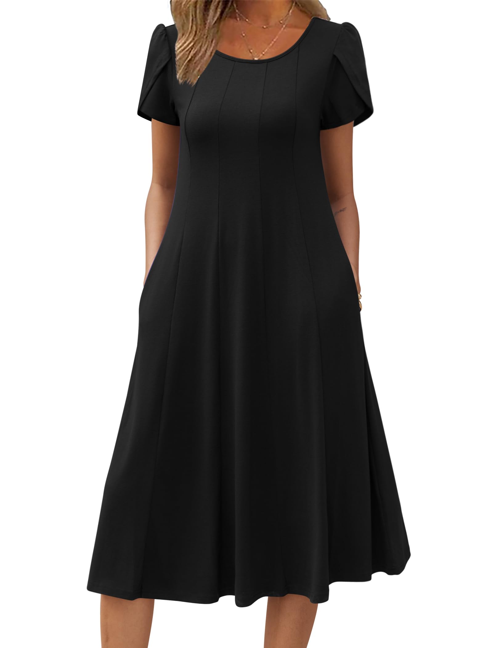 Wella Robe Femme – Rochie de vară cu guler rotund, mâneci scurte, croială evazată midi și buzunare