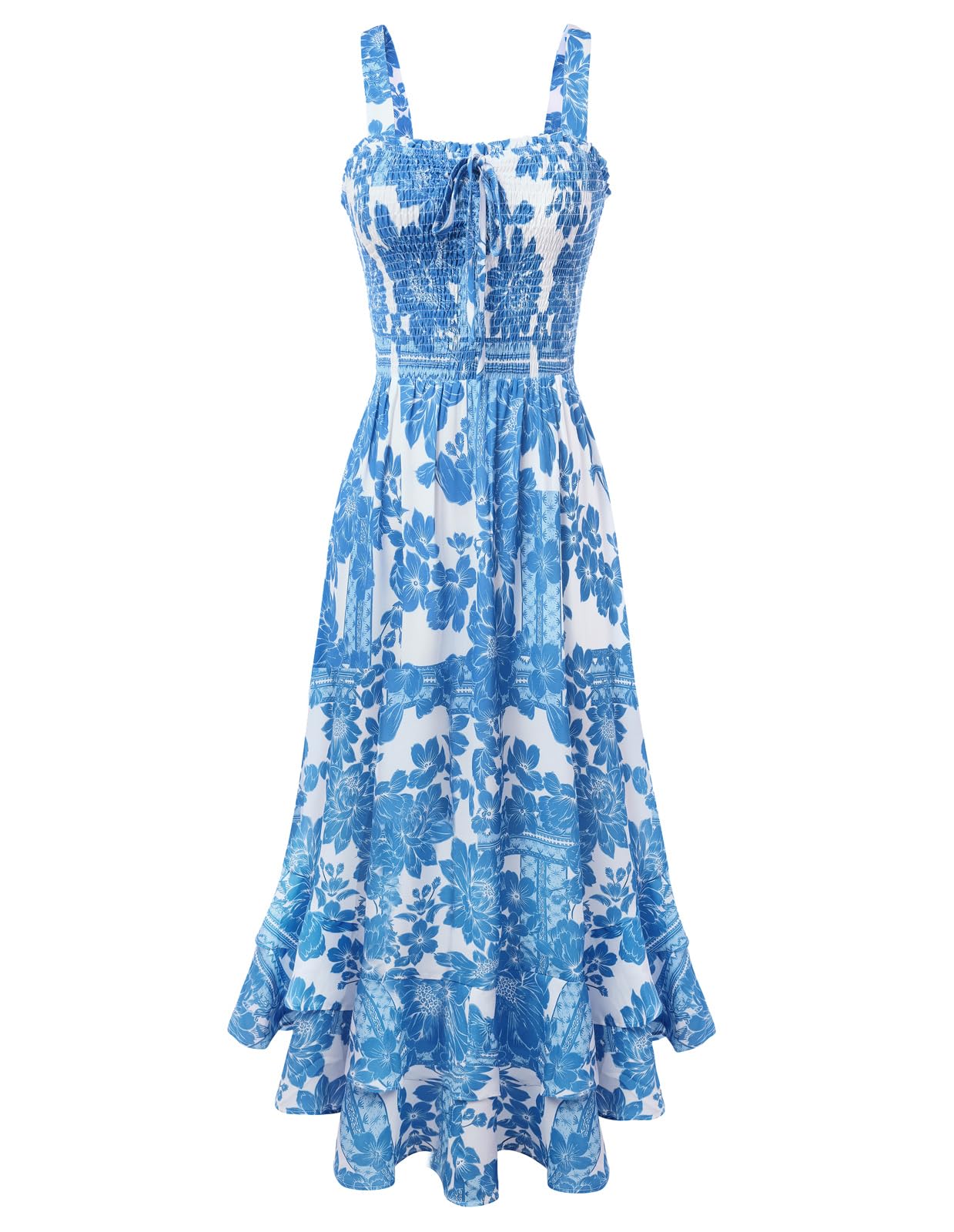 Mildred Women's Maxi Dress – Square Neck, Straps, Smocked A-Line Cut & Ruffled Hem Summer