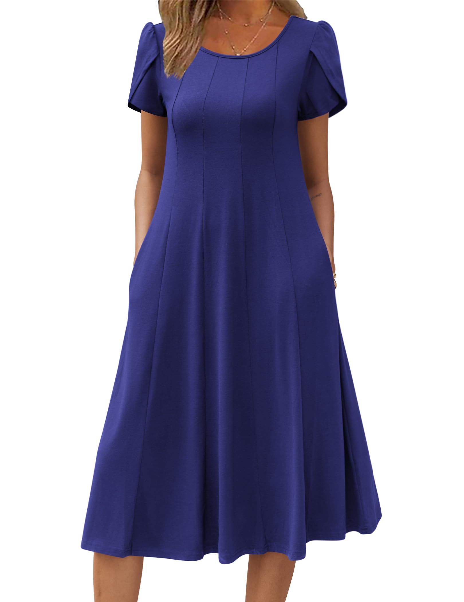 Wella Robe Femme – Rochie de vară cu guler rotund, mâneci scurte, croială evazată midi și buzunare