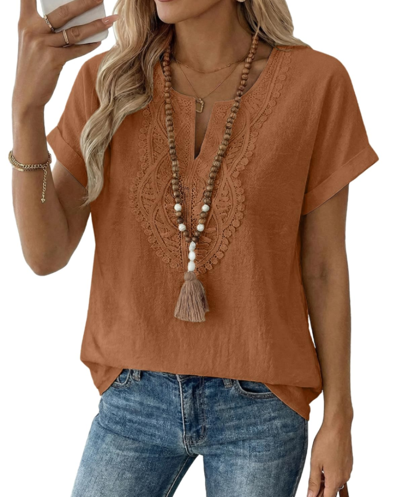 Aelina Bluse Dame – Boheme Top med V-hals, Blonder og Elegant Løs Pasform