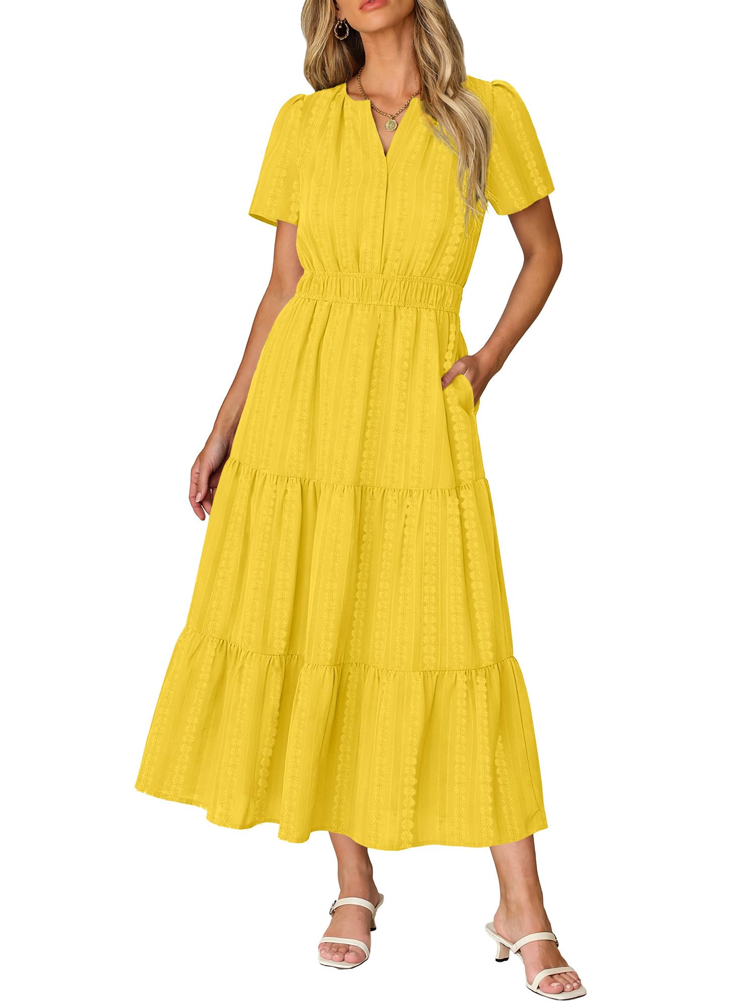 Ruma Damesjurk – V-hals, Korte Mouwen, A-lijn Maxi & Elastische Taille met Zakjes
