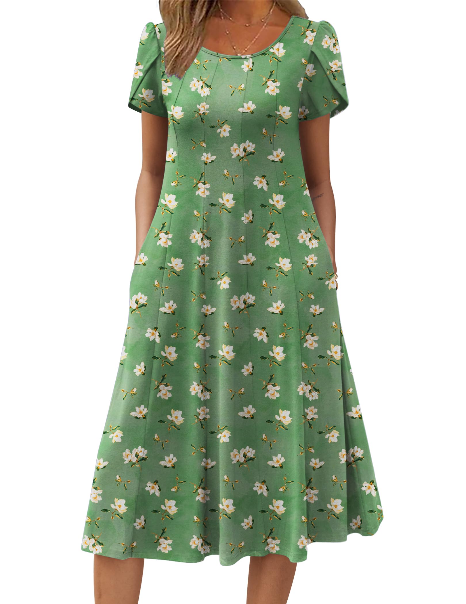 Wella Robe Femme – Rochie de vară cu guler rotund, mâneci scurte, croială evazată midi și buzunare