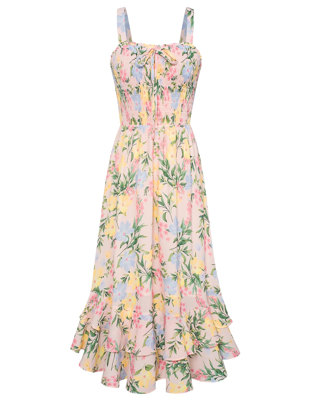Mildred Women's Maxi Dress – Square Neck, Straps, Smocked A-Line Cut & Ruffled Hem Summer
