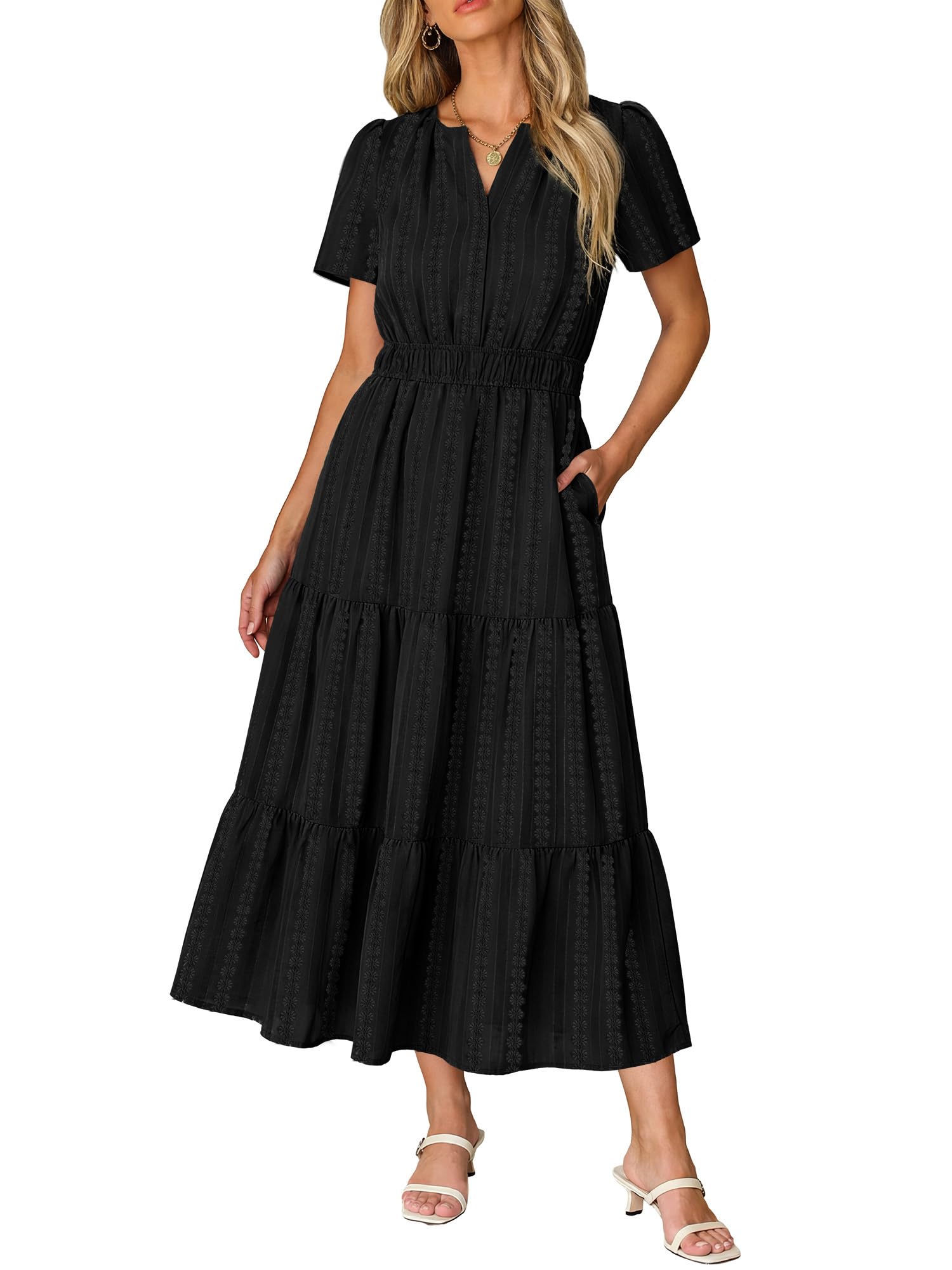 Ruma Damesjurk – V-hals, Korte Mouwen, A-lijn Maxi & Elastische Taille met Zakjes