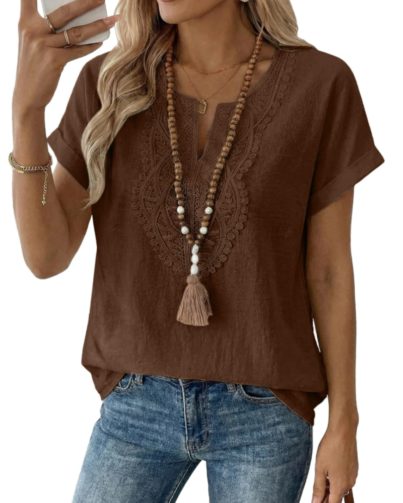 Aelina Bluse Dame – Boheme Top med V-hals, Blonder og Elegant Løs Pasform