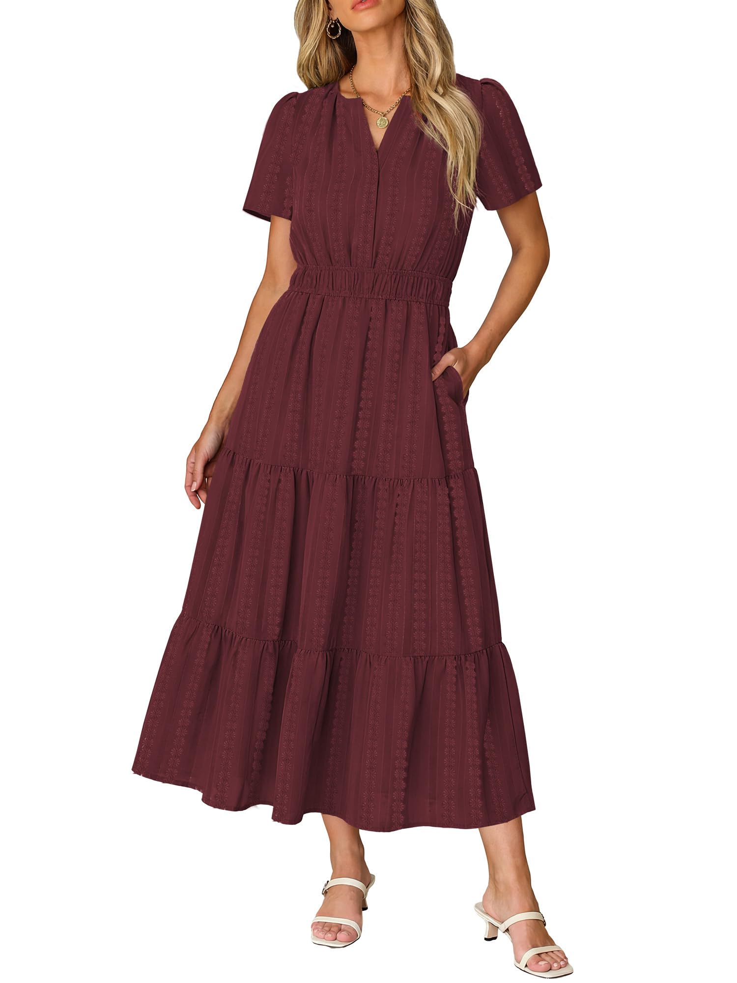 Ruma Damesjurk – V-hals, Korte Mouwen, A-lijn Maxi & Elastische Taille met Zakjes