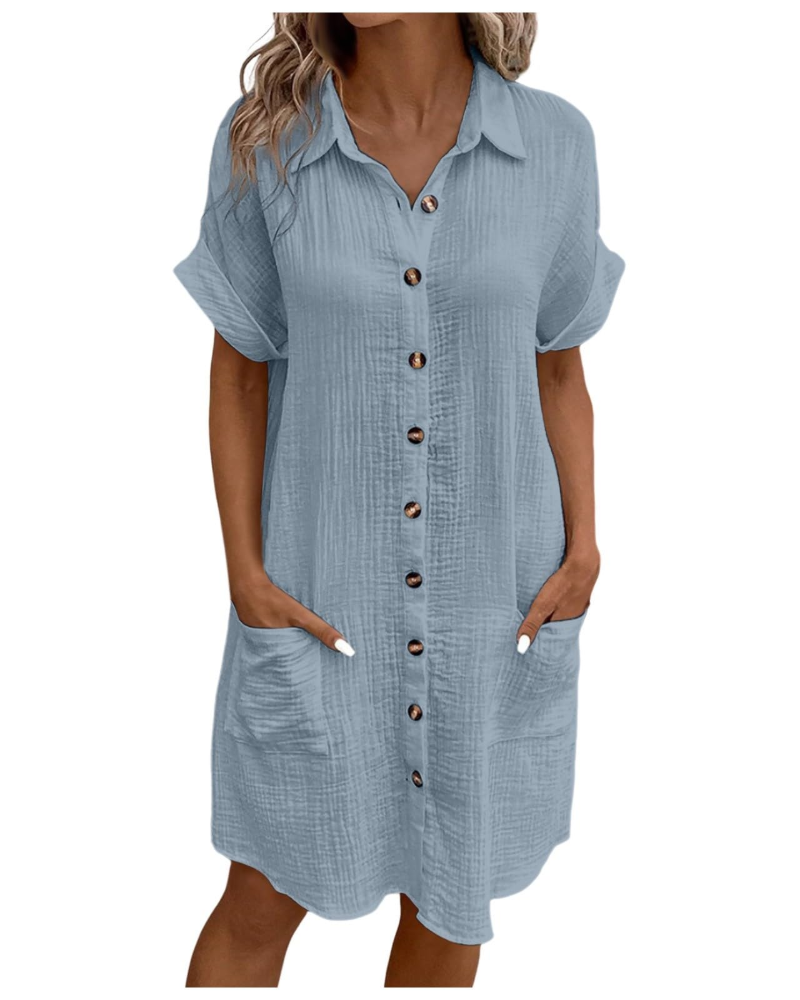 Vestido Yvette para mujer – Vestido camisa con cuello en V abotonado con bolsillos, corte fluido, estilo bohemio chic