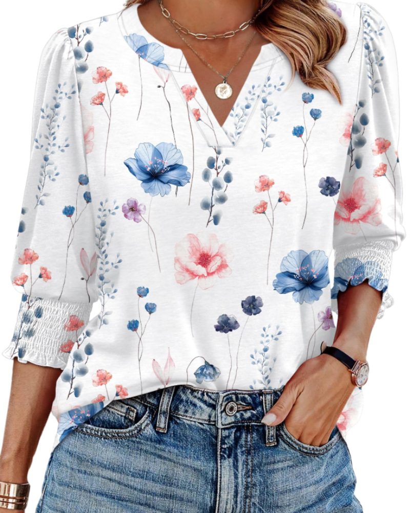 Blusa Veda Donna – Top con Scollo a V, Maniche 3/4 Sbuffanti e Polsini Arricciati Chic