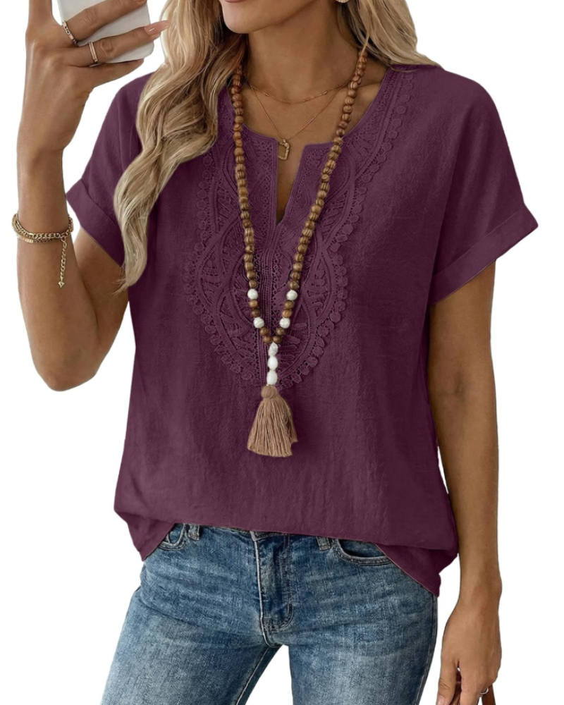 Aelina Bluse Dame – Boheme Top med V-hals, Blonder og Elegant Løs Pasform