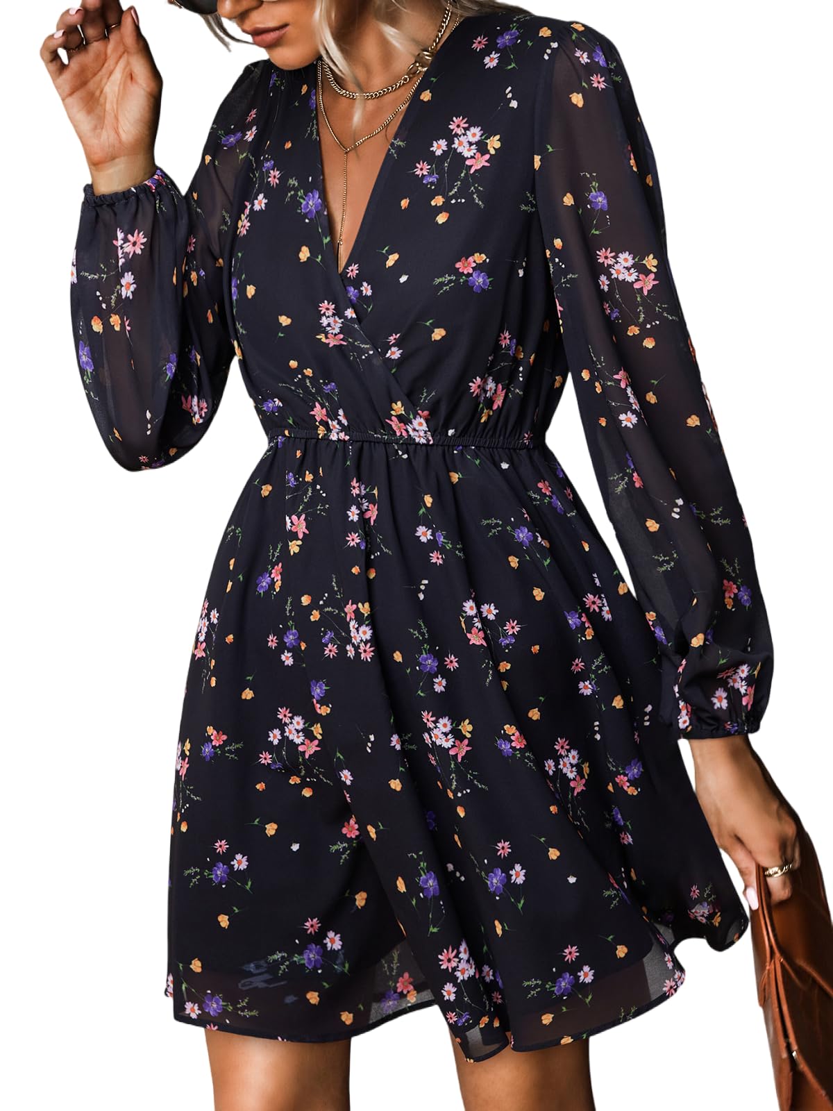 Nerina Robe Cupshe Dame – V-hals Cache-Cœur Blomstret, Lange Ærmer & Elegant Mini Skæring