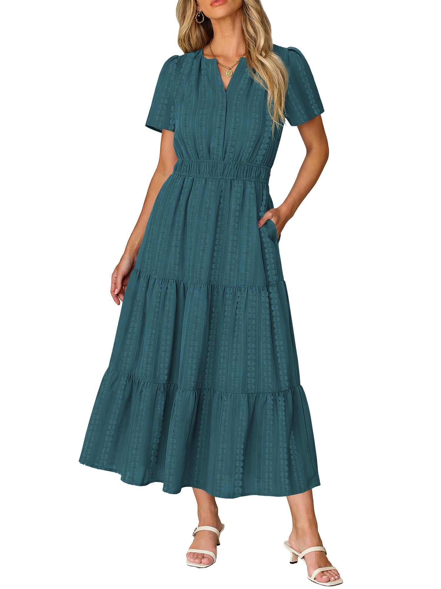 Ruma Damesjurk – V-hals, Korte Mouwen, A-lijn Maxi & Elastische Taille met Zakjes