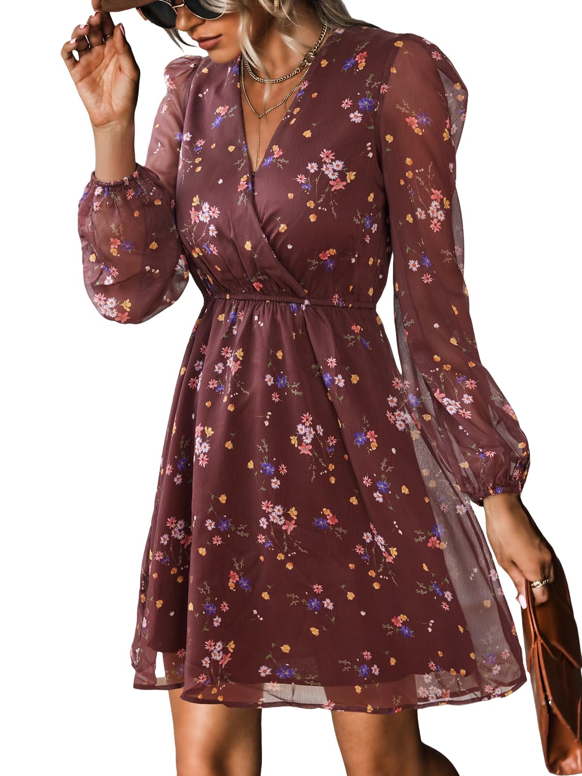 Nerina Robe Cupshe Dame – V-hals Cache-Cœur Blomstret, Lange Ærmer & Elegant Mini Skæring