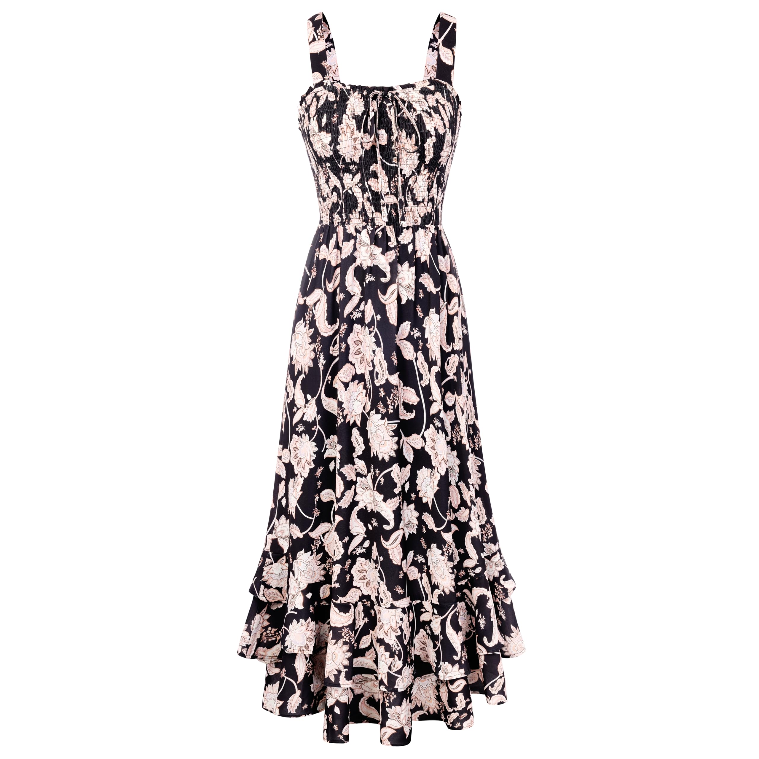 Mildred Women's Maxi Dress – Square Neck, Straps, Smocked A-Line Cut & Ruffled Hem Summer