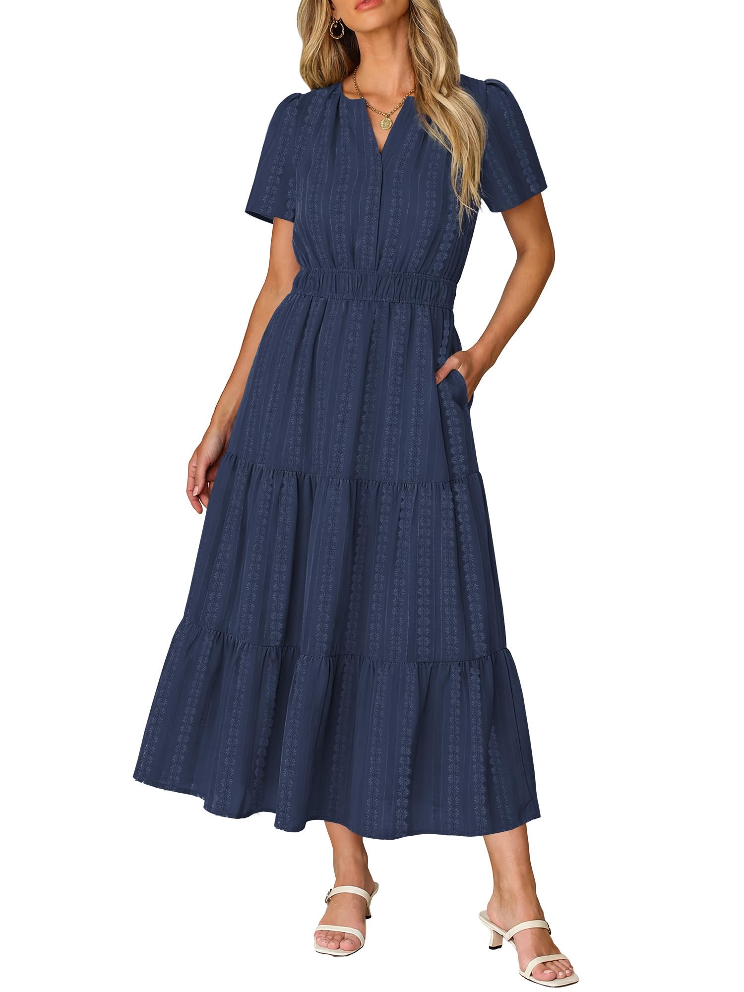 Ruma Damesjurk – V-hals, Korte Mouwen, A-lijn Maxi & Elastische Taille met Zakjes