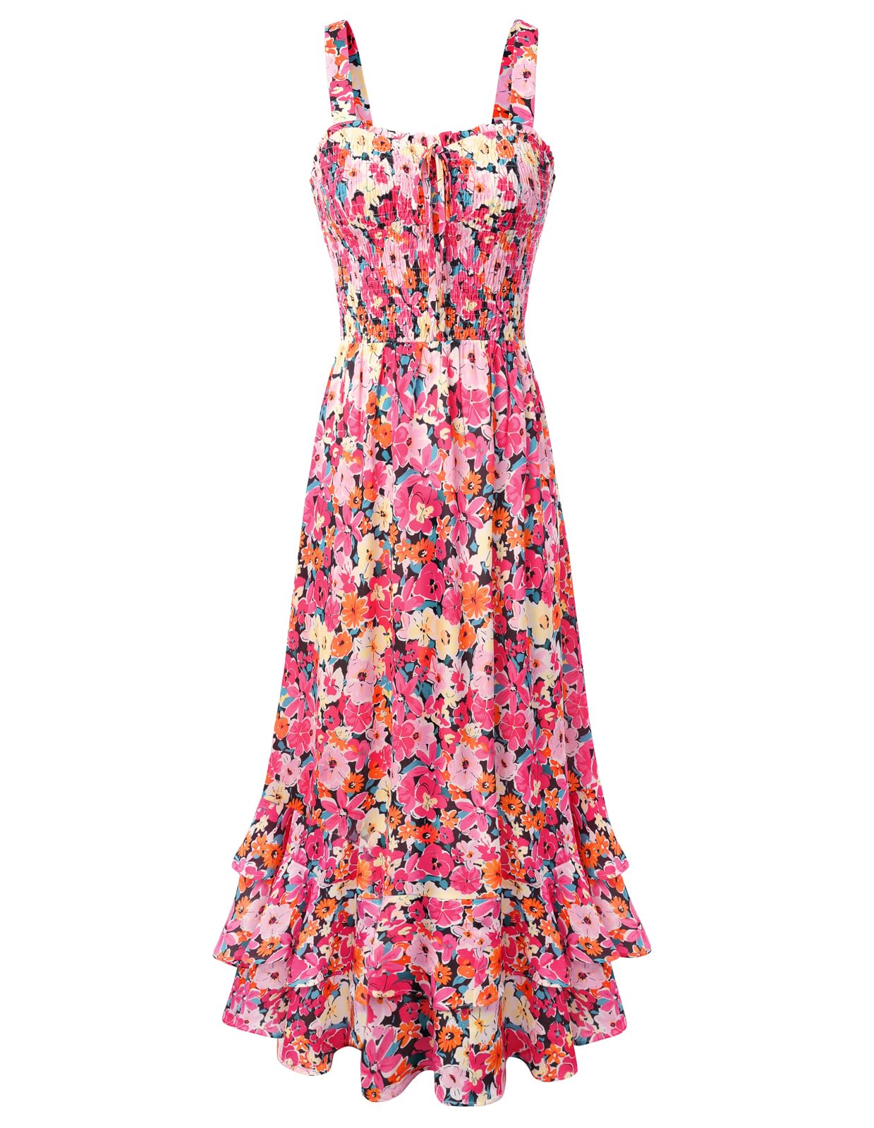 Mildred Women's Maxi Dress – Square Neck, Straps, Smocked A-Line Cut & Ruffled Hem Summer