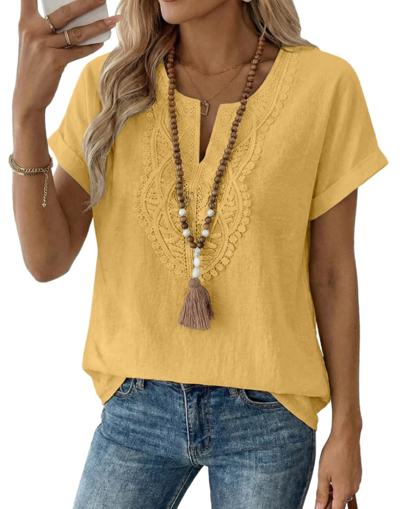 Aelina Bluse Dame – Boheme Top med V-hals, Blonder og Elegant Løs Pasform