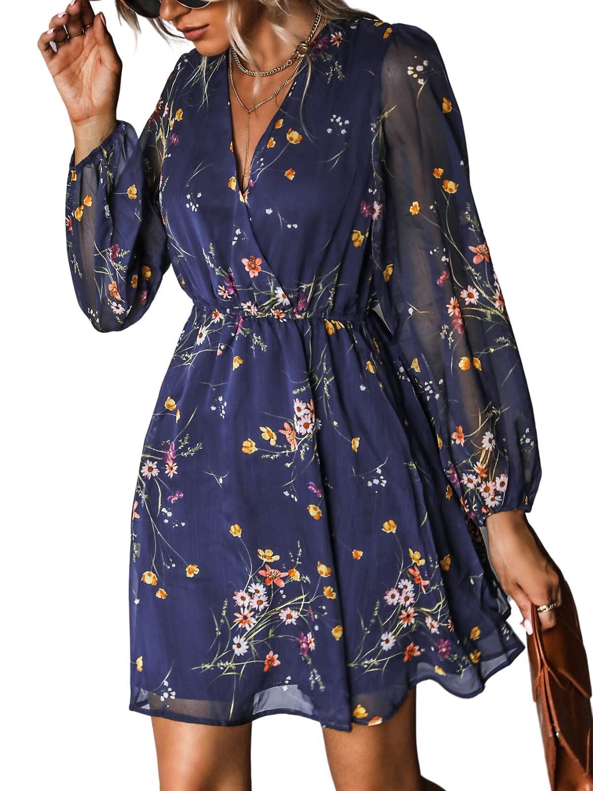 Nerina Robe Cupshe Dame – V-hals Cache-Cœur Blomstret, Lange Ærmer & Elegant Mini Skæring
