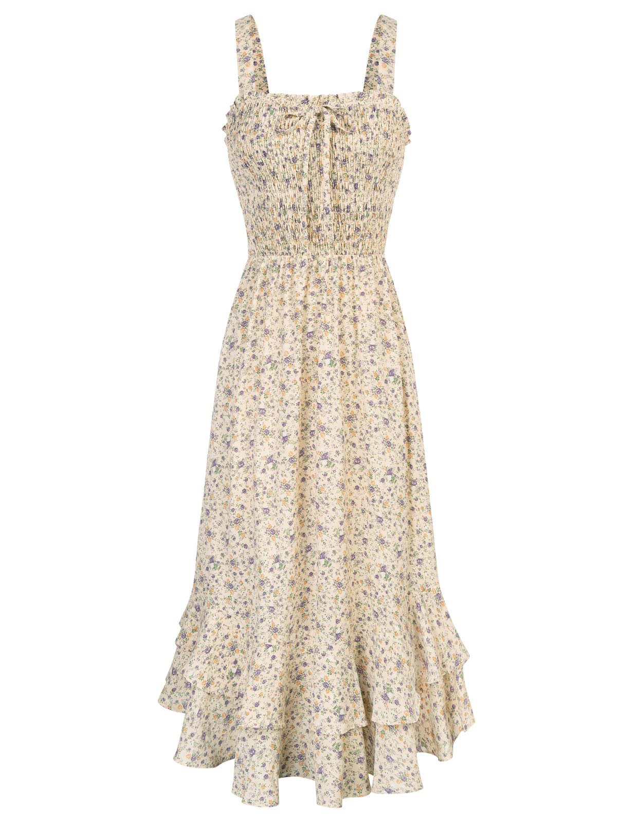 Mildred Women's Maxi Dress – Square Neck, Straps, Smocked A-Line Cut & Ruffled Hem Summer