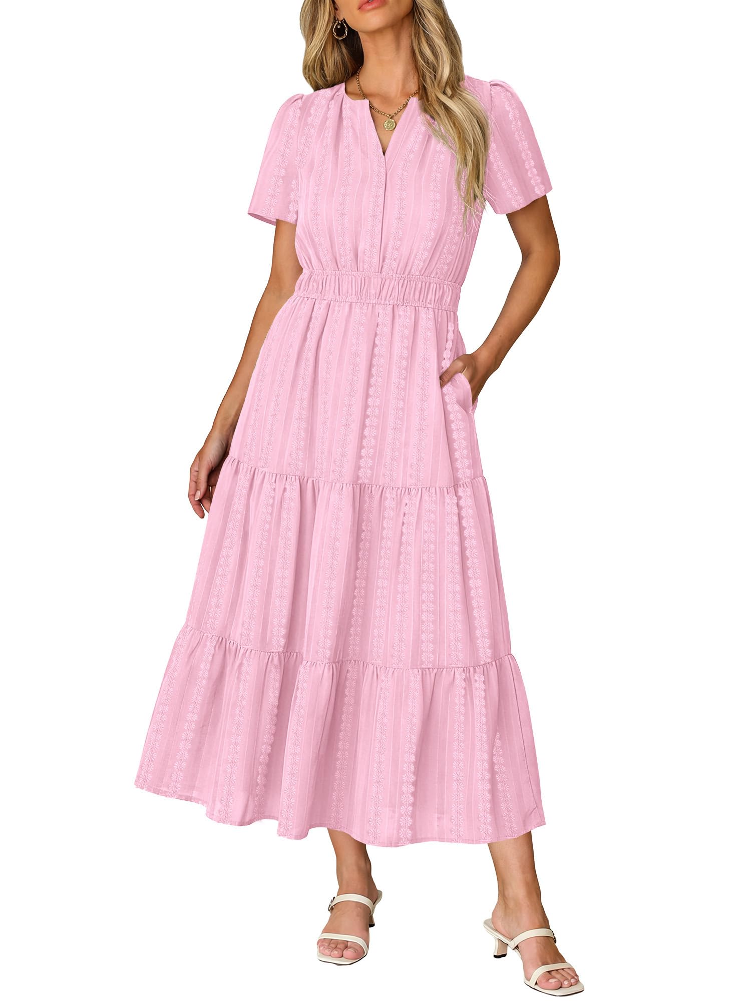 Ruma Damesjurk – V-hals, Korte Mouwen, A-lijn Maxi & Elastische Taille met Zakjes
