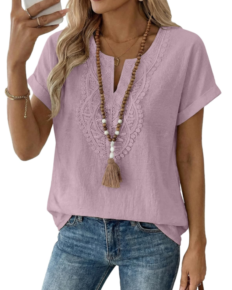 Aelina Bluse Dame – Boheme Top med V-hals, Blonder og Elegant Løs Pasform
