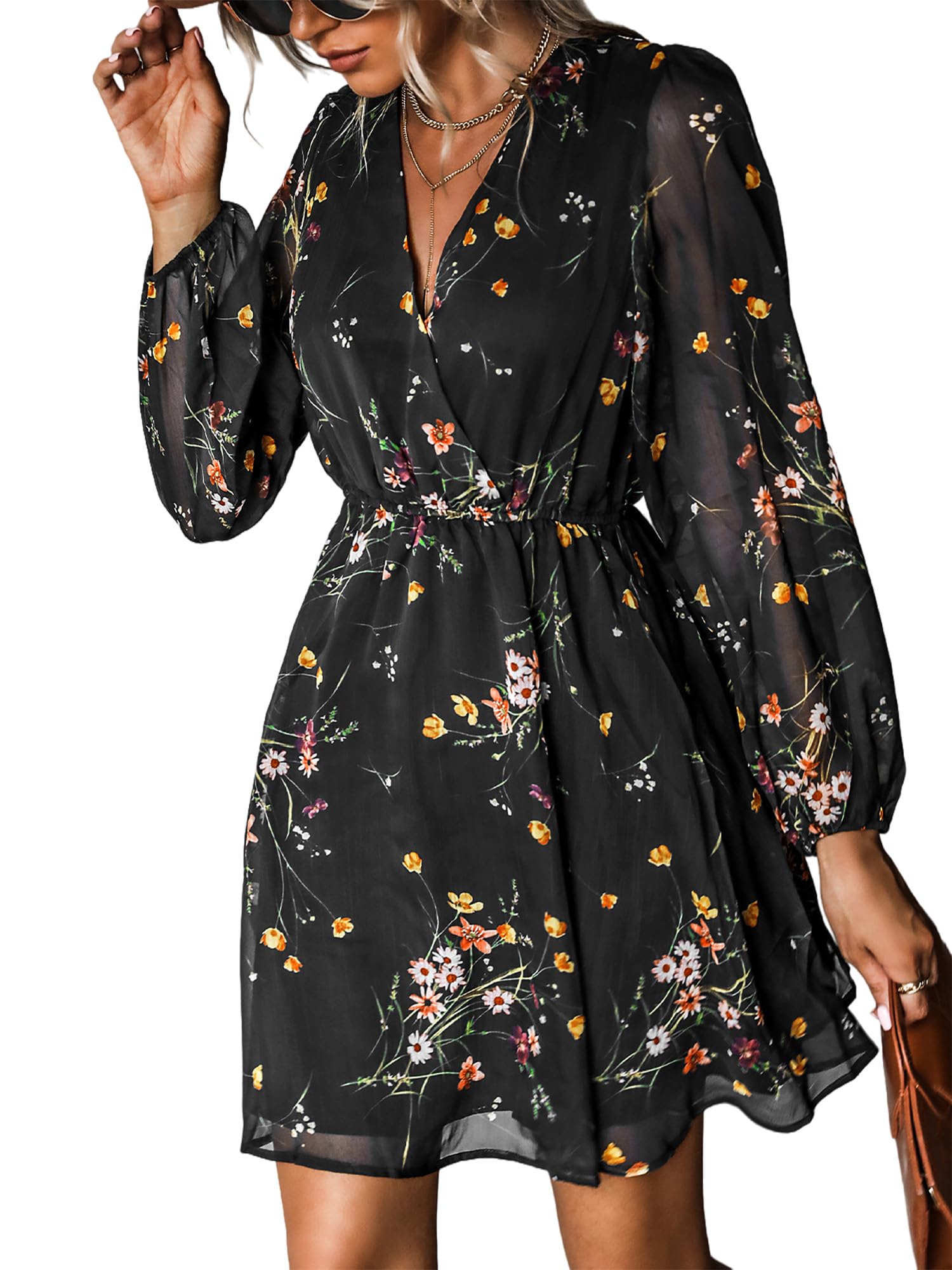 Nerina Robe Cupshe Dame – V-hals Cache-Cœur Blomstret, Lange Ærmer & Elegant Mini Skæring
