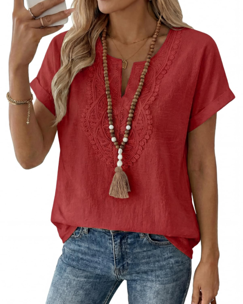 Aelina Bluse Dame – Boheme Top med V-hals, Blonder og Elegant Løs Pasform