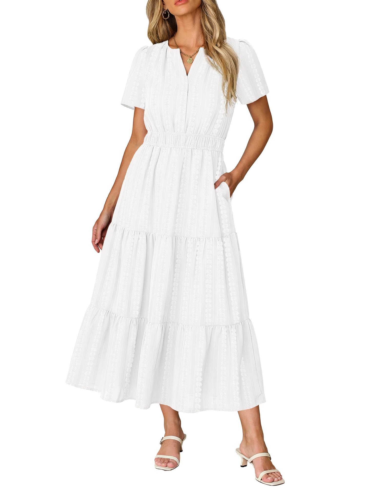 Ruma Damesjurk – V-hals, Korte Mouwen, A-lijn Maxi & Elastische Taille met Zakjes