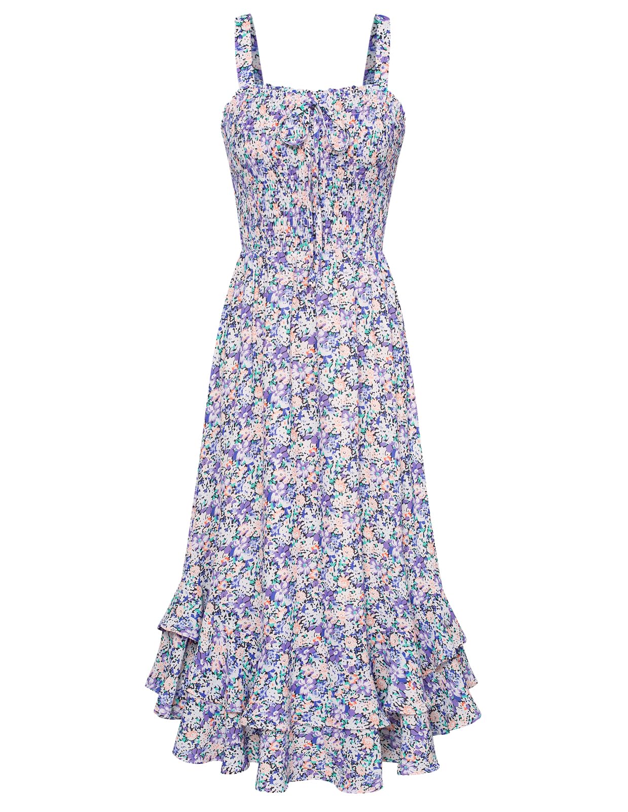 Mildred Women's Maxi Dress – Square Neck, Straps, Smocked A-Line Cut & Ruffled Hem Summer