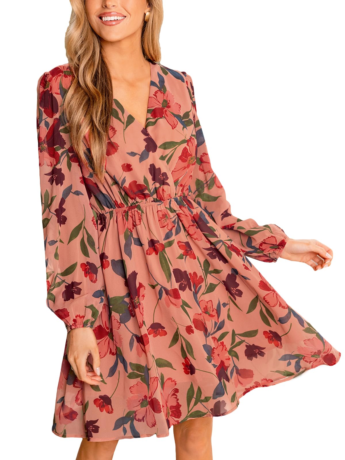 Nerina Robe Cupshe Dame – V-hals Cache-Cœur Blomstret, Lange Ærmer & Elegant Mini Skæring