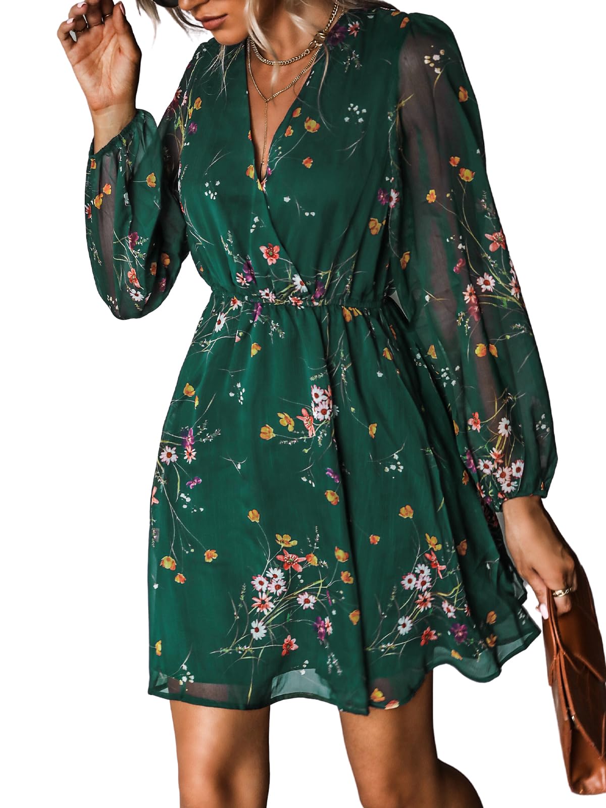 Nerina Robe Cupshe Dame – V-hals Cache-Cœur Blomstret, Lange Ærmer & Elegant Mini Skæring