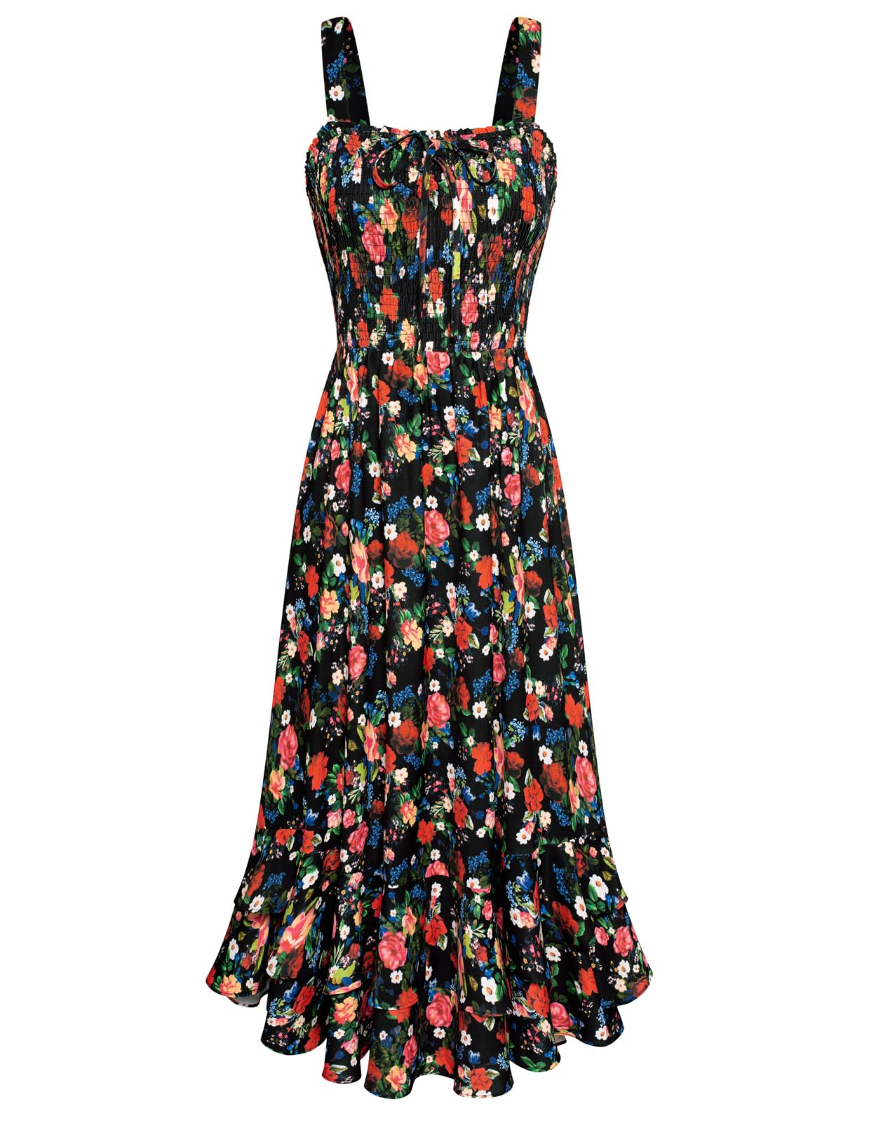 Mildred Women's Maxi Dress – Square Neck, Straps, Smocked A-Line Cut & Ruffled Hem Summer