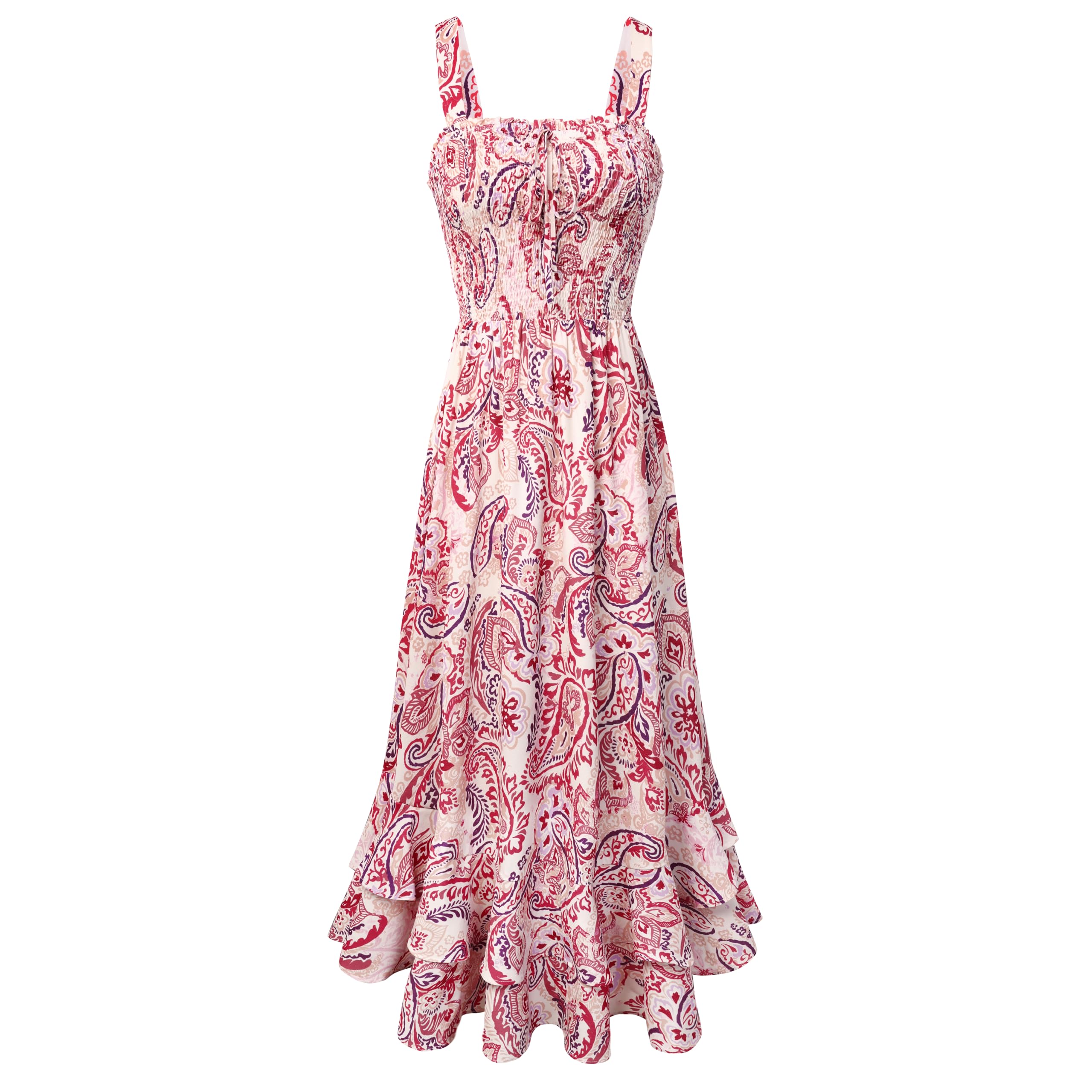 Mildred Women's Maxi Dress – Square Neck, Straps, Smocked A-Line Cut & Ruffled Hem Summer