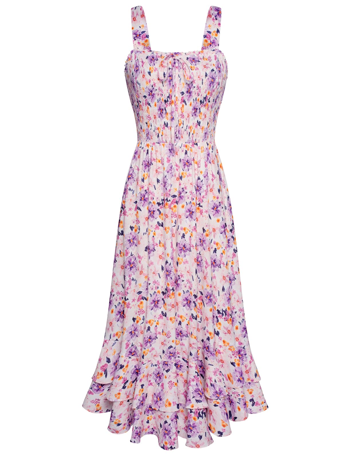 Mildred Women's Maxi Dress – Square Neck, Straps, Smocked A-Line Cut & Ruffled Hem Summer