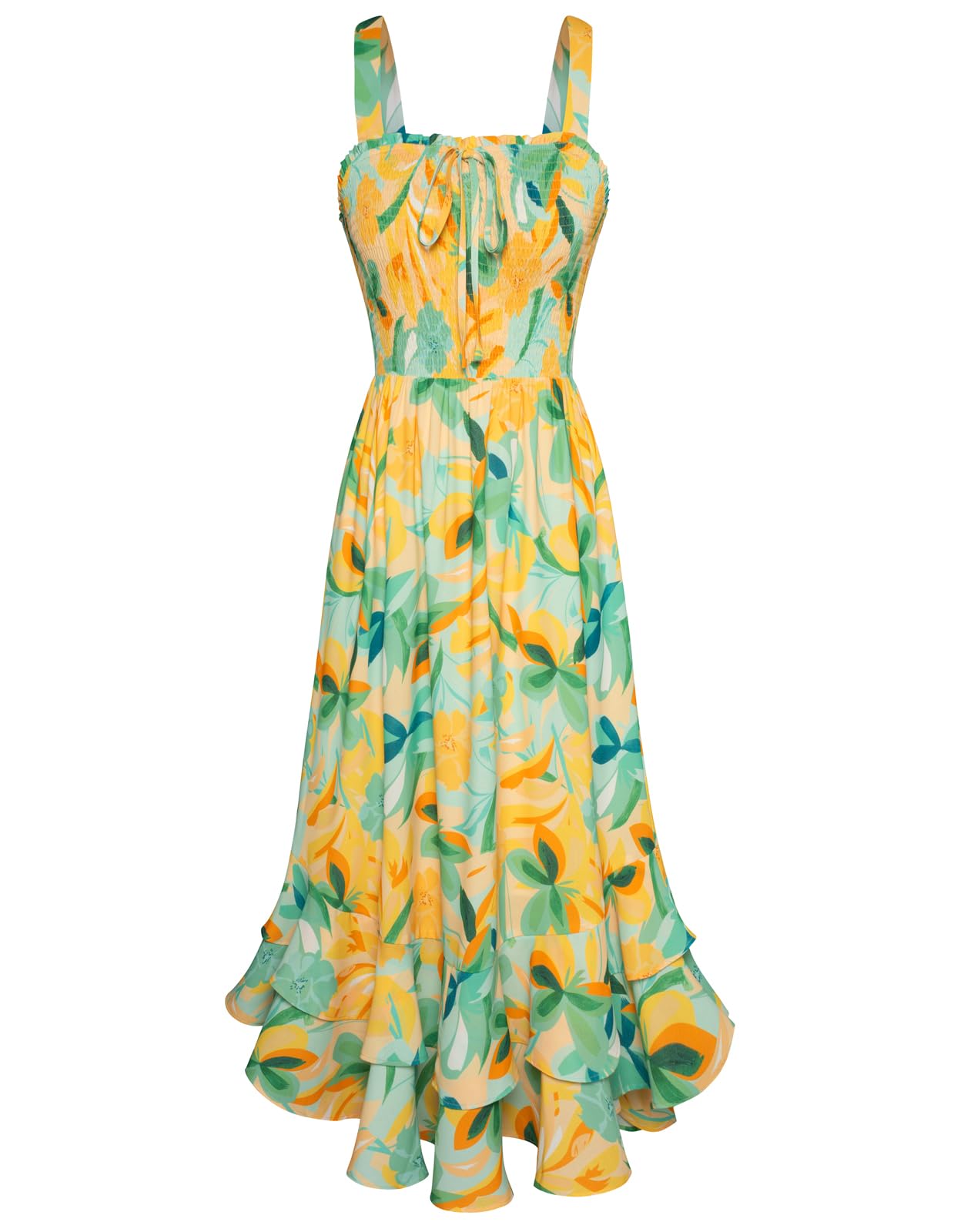 Mildred Women's Maxi Dress – Square Neck, Straps, Smocked A-Line Cut & Ruffled Hem Summer