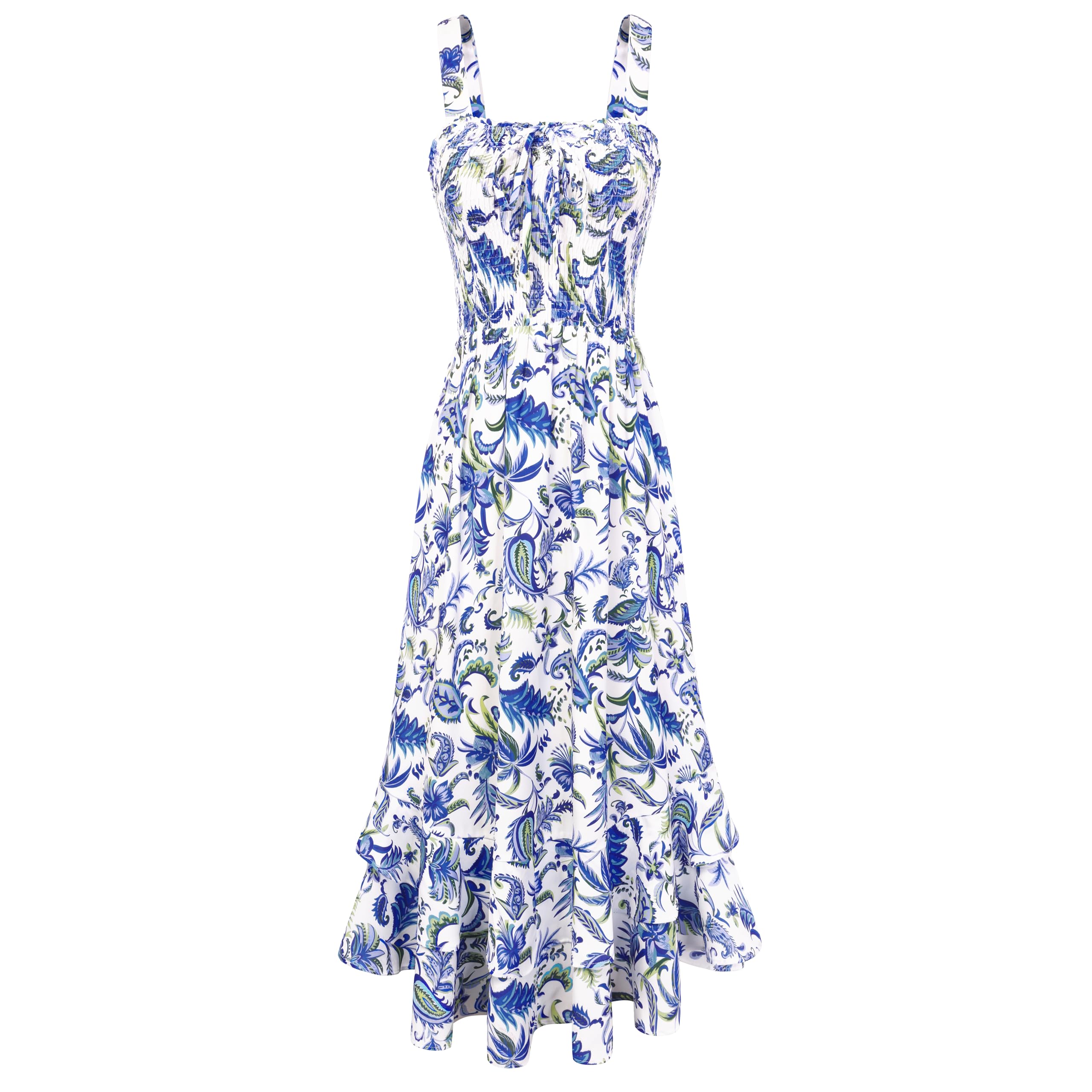 Mildred Women's Maxi Dress – Square Neck, Straps, Smocked A-Line Cut & Ruffled Hem Summer