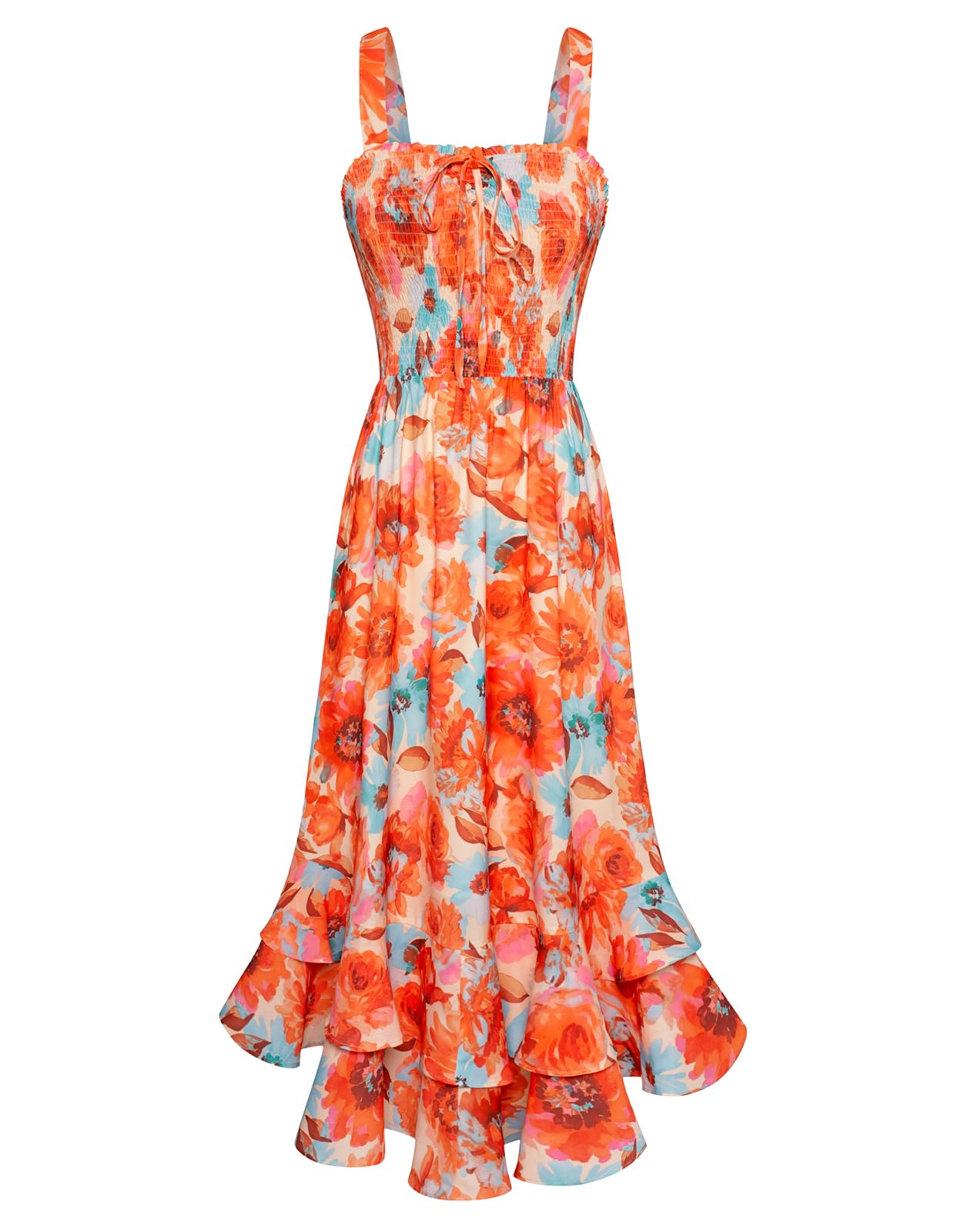 Mildred Women's Maxi Dress – Square Neck, Straps, Smocked A-Line Cut & Ruffled Hem Summer