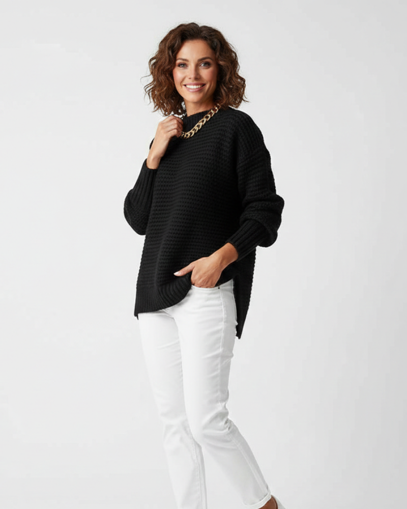 Ženski pulover s visokim ovratnikom oversize – mekani pleteni materijal, širok kroj i zimska udobnost