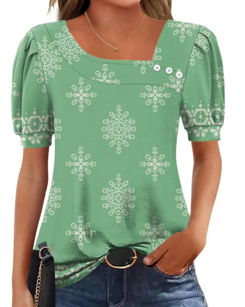Samira Top Femme – Blouse Col Carré Asymétrique Boutonnée, Manches Courtes Élégantes