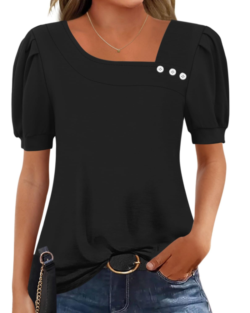 Samira Top Femme – Blouse Col Carré Asymétrique Boutonnée, Manches Courtes Élégantes