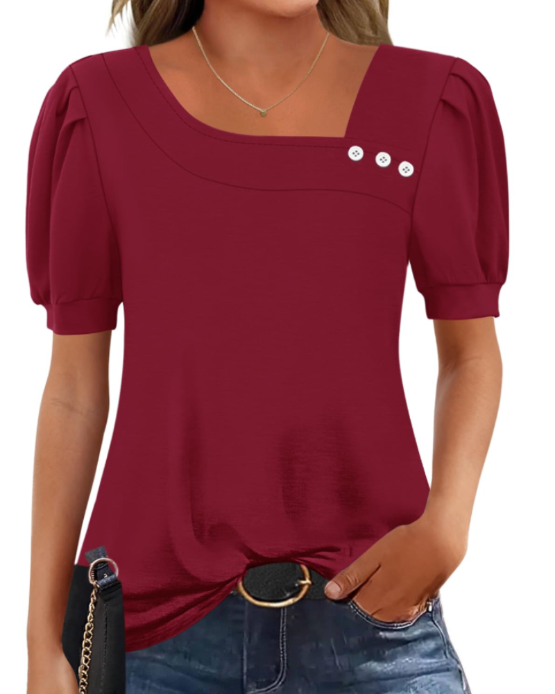 Samira Top Femme – Blouse Col Carré Asymétrique Boutonnée, Manches Courtes Élégantes