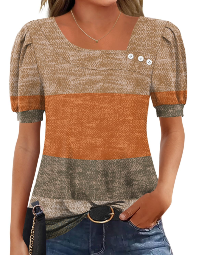 Samira Top Femme – Blouse Col Carré Asymétrique Boutonnée, Manches Courtes Élégantes