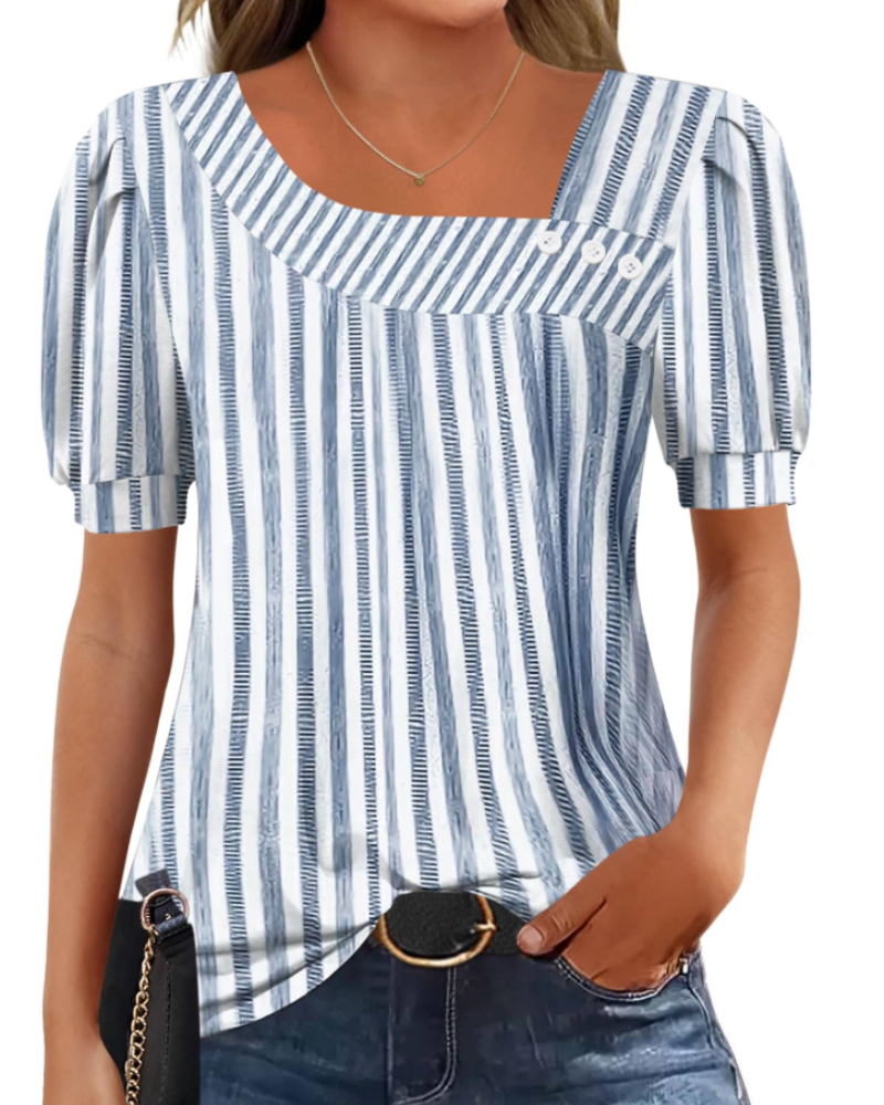 Samira Top Femme – Blouse Col Carré Asymétrique Boutonnée, Manches Courtes Élégantes