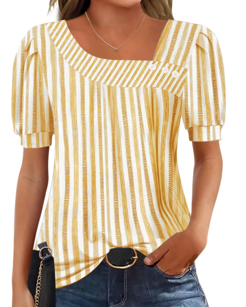 Samira Top Femme – Blouse Col Carré Asymétrique Boutonnée, Manches Courtes Élégantes