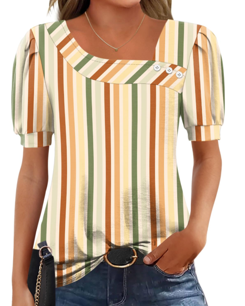 Samira Top Femme – Blouse Col Carré Asymétrique Boutonnée, Manches Courtes Élégantes
