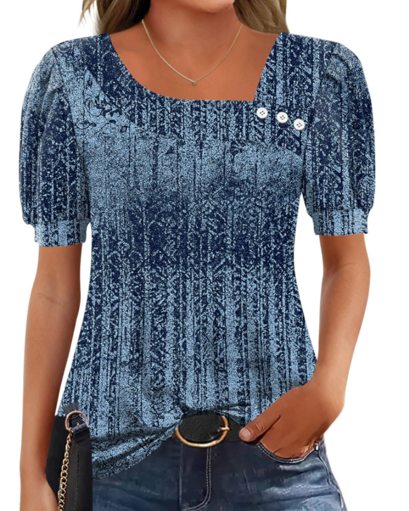 Samira Top Femme – Blouse Col Carré Asymétrique Boutonnée, Manches Courtes Élégantes