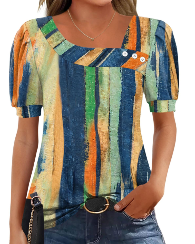 Samira Top Femme – Blouse Col Carré Asymétrique Boutonnée, Manches Courtes Élégantes