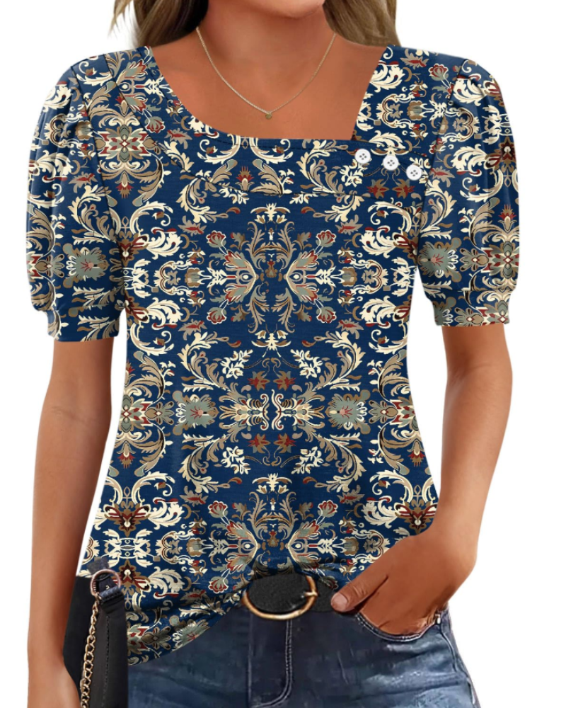 Samira Top Femme – Blouse Col Carré Asymétrique Boutonnée, Manches Courtes Élégantes