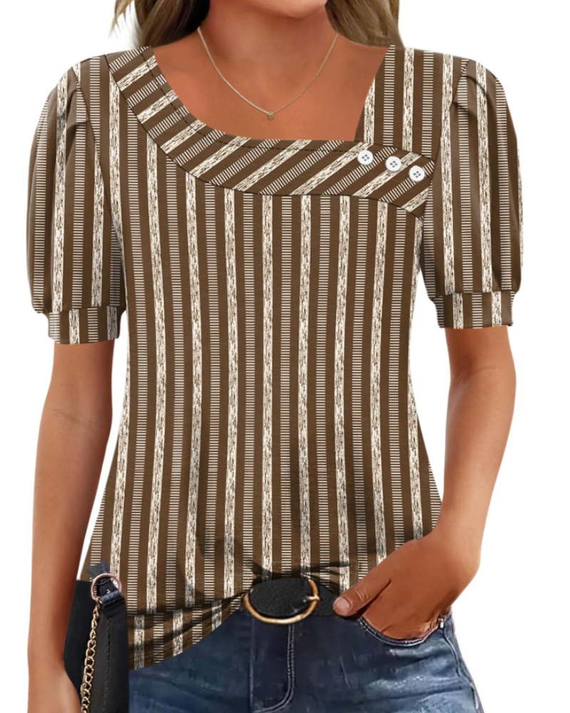 Samira Top Femme – Blouse Col Carré Asymétrique Boutonnée, Manches Courtes Élégantes