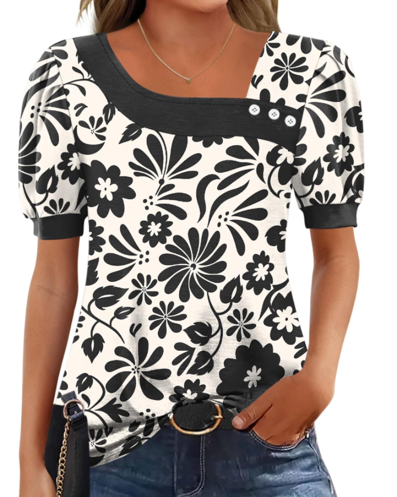 Samira Top Femme – Blouse Col Carré Asymétrique Boutonnée, Manches Courtes Élégantes