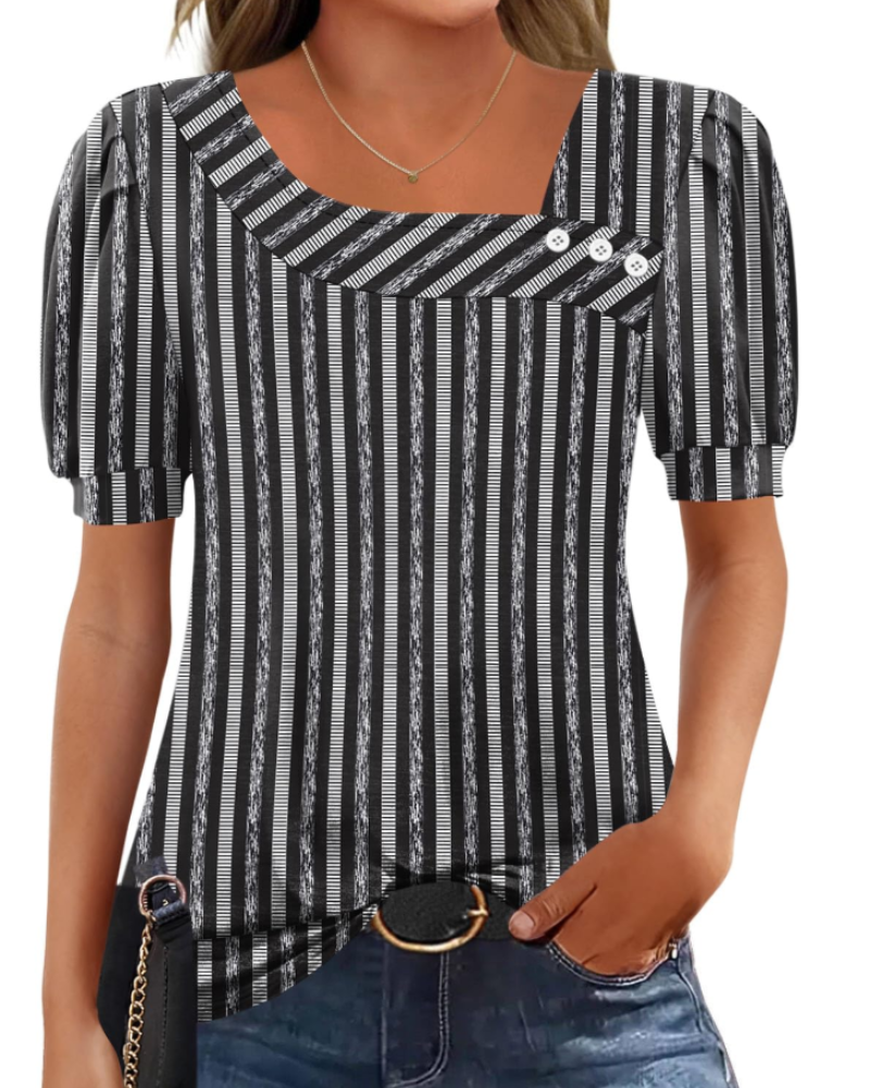 Samira Top Femme – Blouse Col Carré Asymétrique Boutonnée, Manches Courtes Élégantes